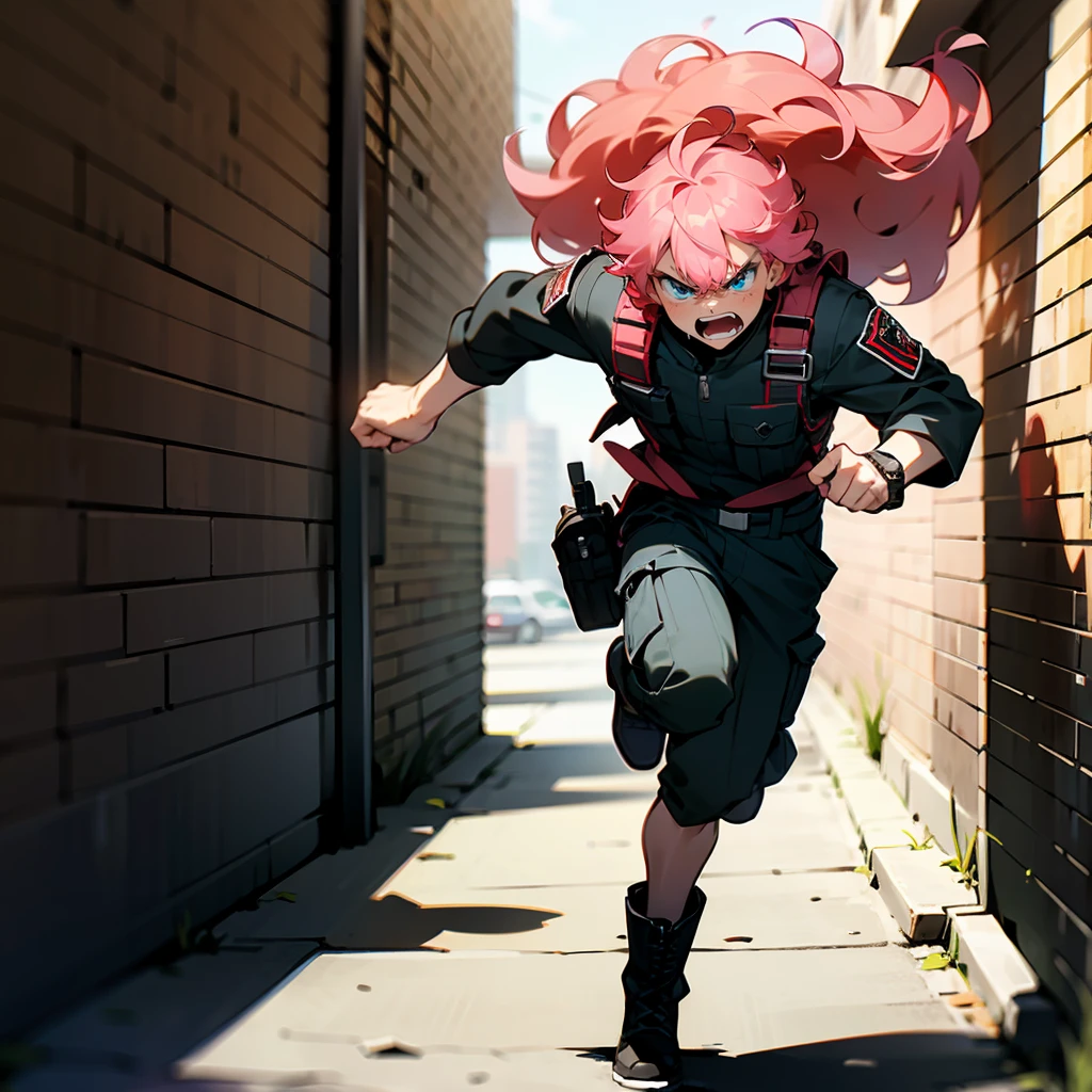1male, Pink Hair, Red Tactical Gear, Curly Hair, Black Cargo Pants, Combat Boots, Blue Eyes, Angry Expression, Lean, Scout, Adult Male, City, Running through an Alley