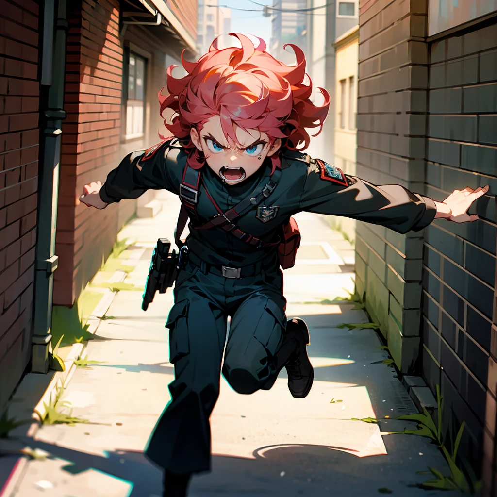 1male, Pink Hair, Red Tactical Gear, Curly Hair, Black Cargo Pants, Combat Boots, Blue Eyes, Angry Expression, Lean, Scout, Adult Male, City, Running through an Alley