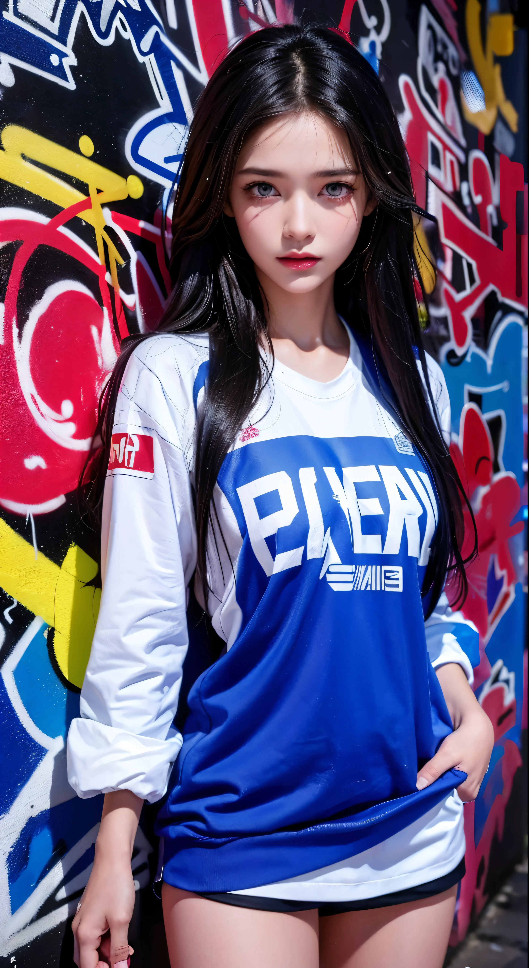 (best quality), masterpiece, extremely detailed CG uniform 8K illustration, high color, extremely high color saturation, all colors deepened, paint, graffiti art, center composition, extremely detailed light and shadow, graffiti wall, wall painted bright, 1 girl graffiti 1 girl looking at the wall, extremely detailed face and eyes, medium length hair, sportswear, colored clouds