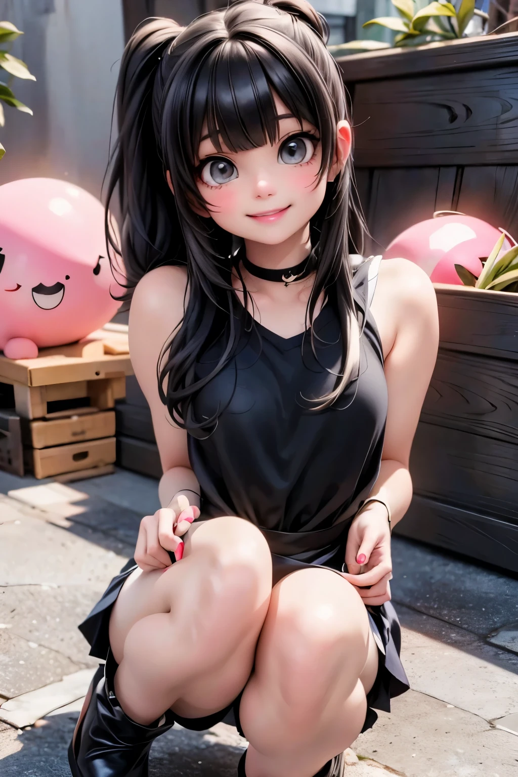 a cute girl smiling, round_toe pumps