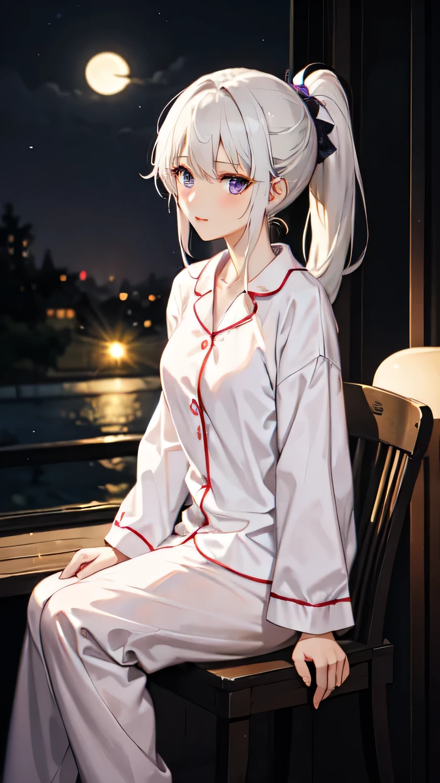 ((best quality)), ((masterpiece)), (detailed), 1girl, sexly,Late Night、In a chair by the window in a quiet room、A beautiful girl is sitting。White hair tied in a ponytail、Her purple eyes sparkle in the moonlight。She is wearing pajamas、The silence of the night and the moonlight create a fantastic atmosphere.。