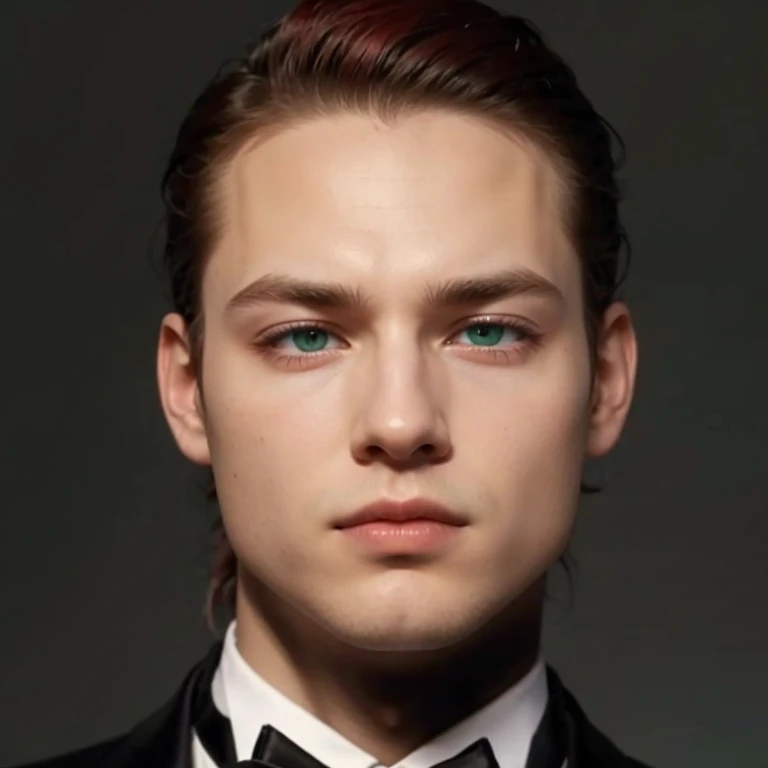 cool ator bursim.white red hair intense green eyes dressed in a black suit