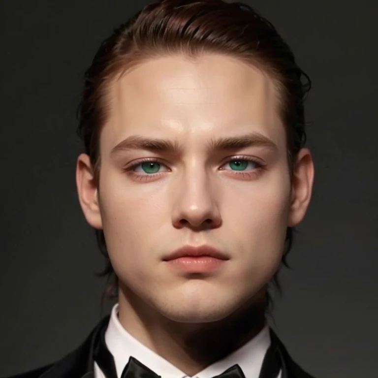 cool ator bursim.white red hair intense green eyes dressed in a black suit