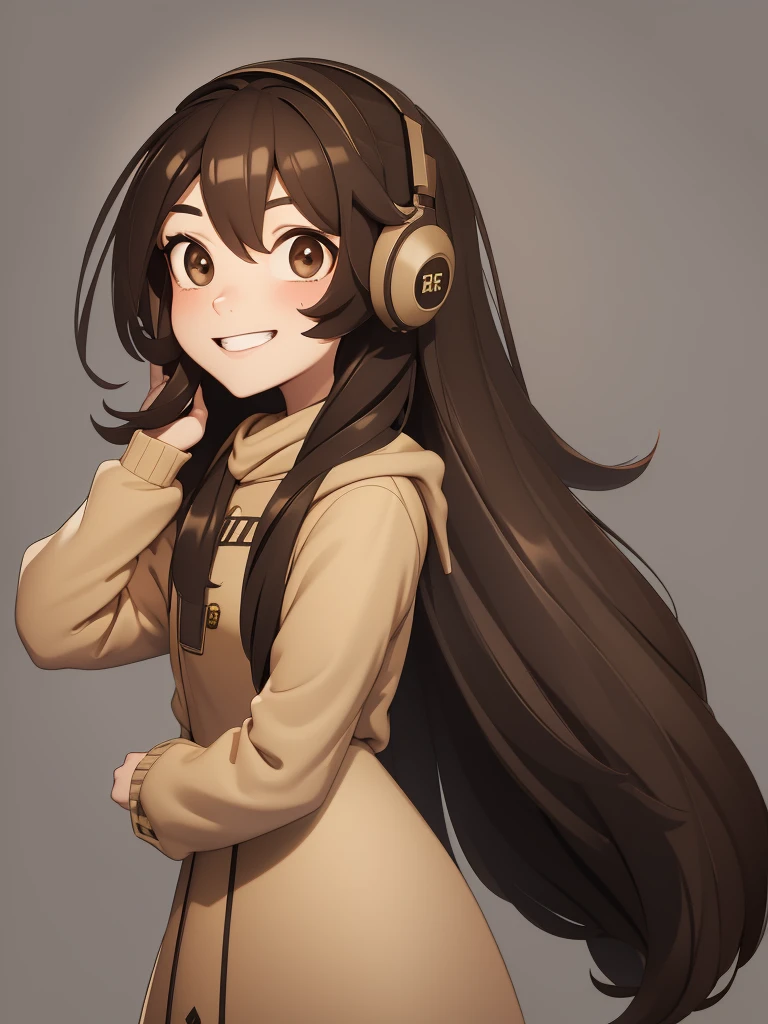 1 girl, brown hair, Hood, smile, simple background, เอาHoodลง, Headphones that are worn from behind the head,best quality,