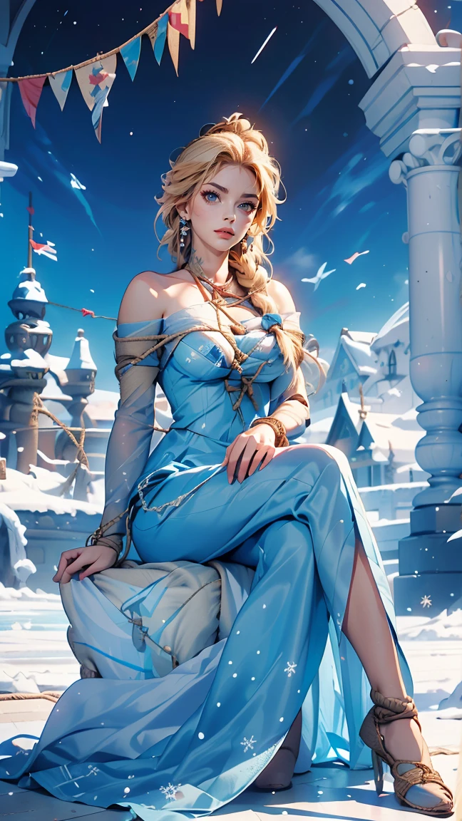 Disney「freeze」、Elsa、Sitting on the ice throne in the ice castle、rest for a bit&#39;jaw on one&#39;jaw、Smile、Cross your legs, Bare legs, Barefoot,  ((Full body photo, standing, on the floor)) sneakers, She is sitting on a throne of stone and ice, tied up, inside a palace. (Tied with jute rope:2), (tied with lots of rope, ankles tied, legs tied, breasts tied, crotch rope:1,5). Otm gag. The dress features a fitted bodice adorned with snowflake appliqués, creating a mesmerizing icy effect. With your camera, a high-resolution mirrorless camera combined with a prime lens, you will capture the model's enchanting beauty and the electrifying energy of her icy costume.