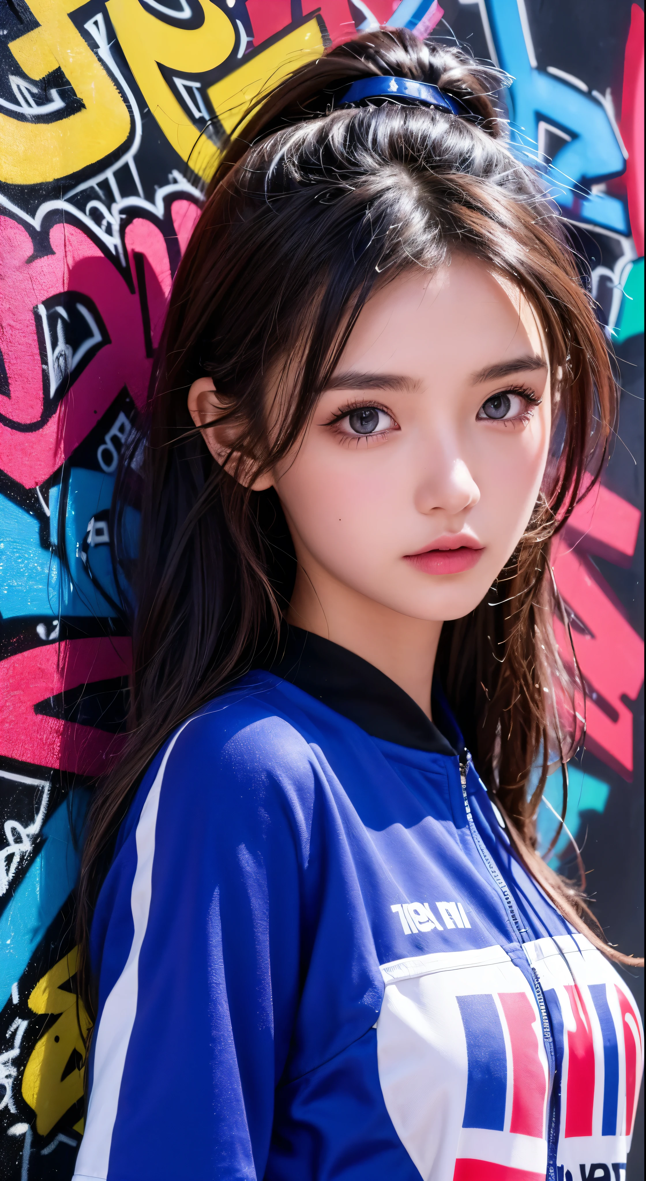 (best quality), masterpiece, extremely detailed CG uniform 8K illustration, high color, extremely high color saturation, all colors deepened, paint, graffiti art, center composition, extremely detailed light and shadow, graffiti wall, wall painted bright, 1 girl graffiti 1 girl looking at the wall, extremely detailed face and eyes, medium length hair, sportswear, colored clouds