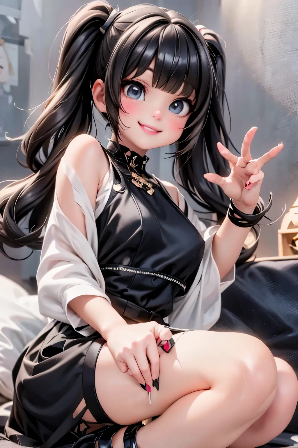 a cute girl smiling, round_toe pumps