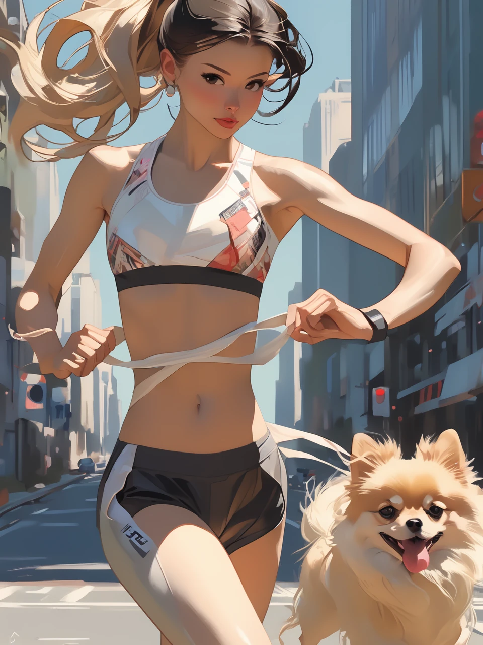 Sexy athlete in sport bra, ponytail, running with a Pomeranian on the street. Style by J.C. Leyendecker
