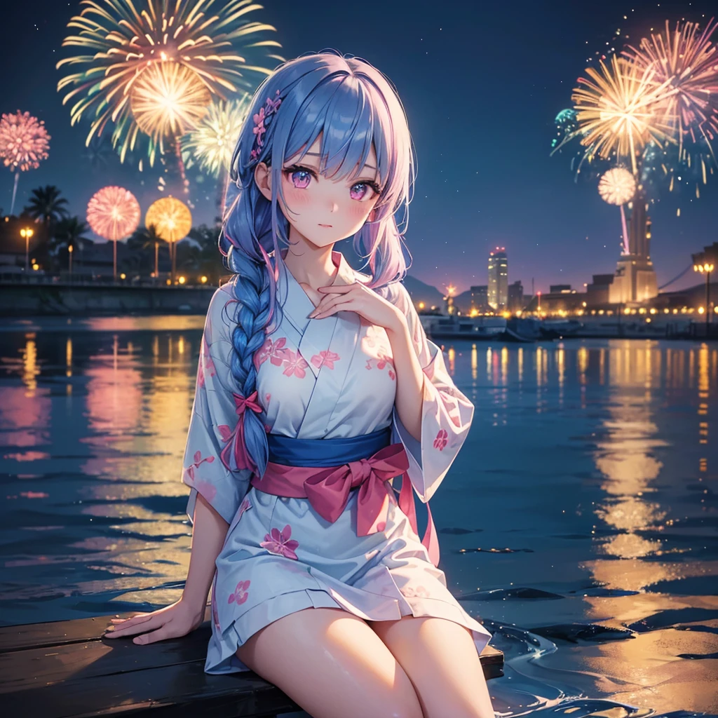 (Sky Blue Medium Hair:1.2), (Braided Hair),(Pink Eyes),Fair skin ,(whole body),(1 girl)、Floral Yukata、summer night、Extra-large fireworks filling the night sky、Huge fireworks launched from the sea、Watching the fireworks while sitting next to each other、Straight bangs,(masterpiece, Highest quality, Very detailed, Best Shadow), (Detailed Background), (Beautifully detailed face), High Contrast, (Best lighting, Very delicate and beautiful), ((Cinematic Light)), colorful, Hyper Detail 8k, Dramatic Light, Intricate details,Fireworks reflected on the water surface、