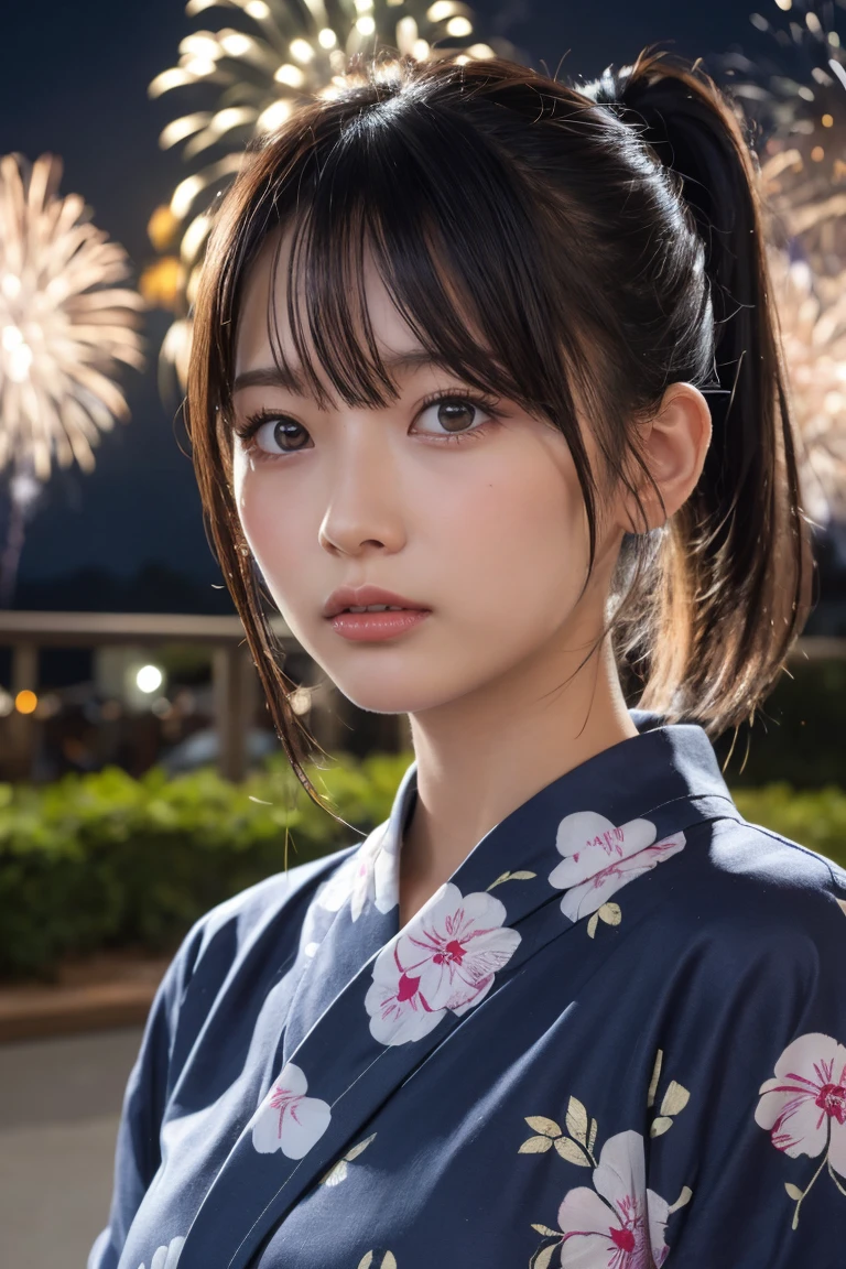 Highest quality, Finer details, (Beautiful single women))), Highly detailed eyes and face, firework, yukata, looking up at firework, ponytail, Large tear bags, double eyelid