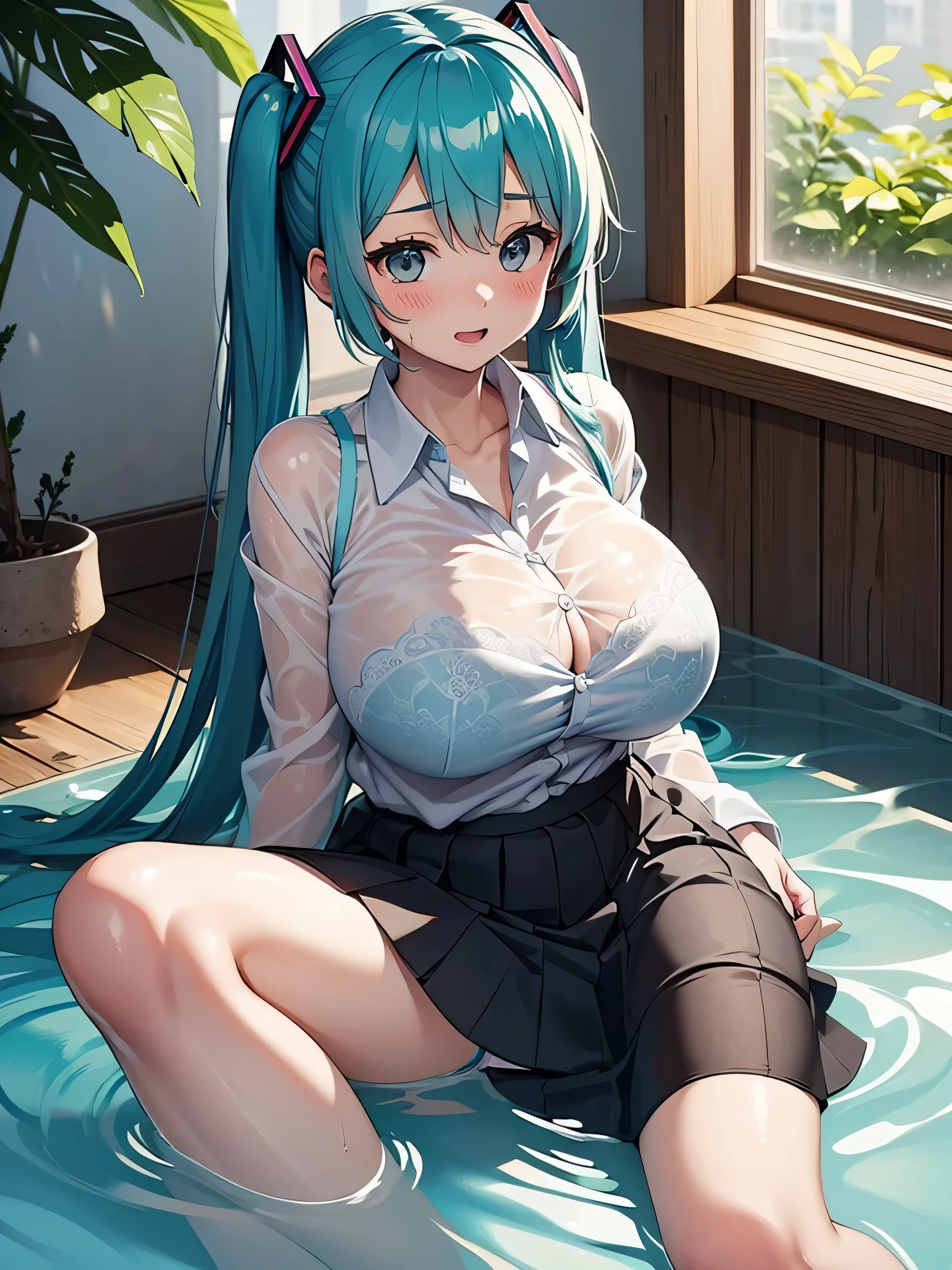 Young Hatsune Miku、girl、独奏、blush、(Huge breasts:1.2)、girl、Kindergarteners、、、、、be happy、Striped panties、Long skirt、Clothes are see-through、From the side、Wet clothes、、Sit with your legs apart、Bra showing through over clothes