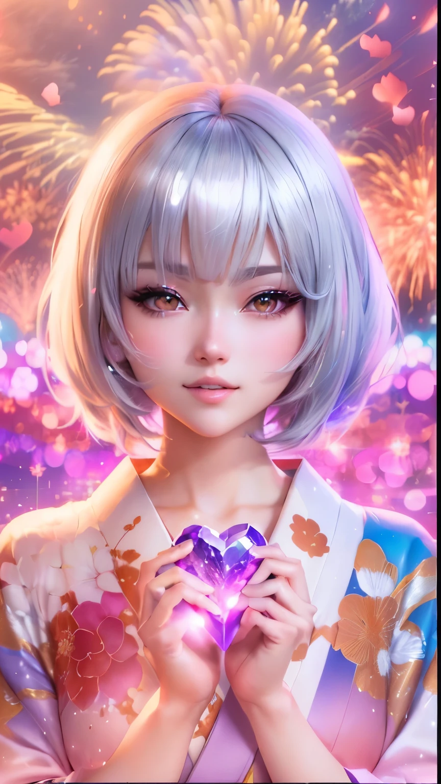 Fireworks display,Silver-haired anime girl holding a pure pink crystal heart, Cute kimono,Complex and gorgeous anime CGI style, Anime Style. 8k, Realistic Anime 3D Style, Anime Styled digital art, Anime Styled 3d, detailed Digital anime art, Anime Style 4 k, Digital anime art, Dreamy psychedelic anime, Smooth anime CG art, Cute realistic portrait, Stylized anime