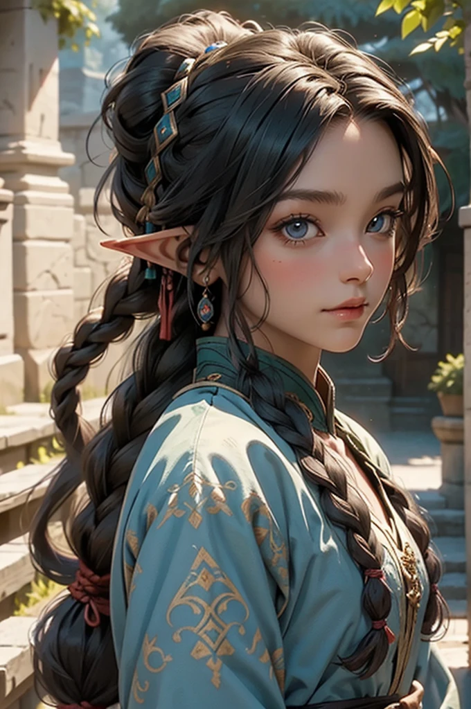 tanned elf, dark elf, braid, tied hair, long hair, ponytail, jester, male cute young boy, . cute, enface, adventurer, medieval, mmo, portrait, bakara jurgen clothes
