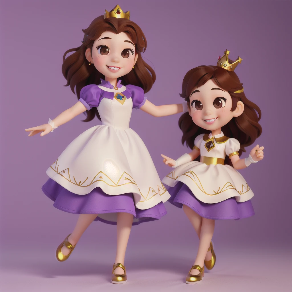 Round logo, purple background, young girl, (((brown hair))), brown eyes, big cheeks. Small smile, lips parted, white teeth. (Princess Belle, 1.03). 