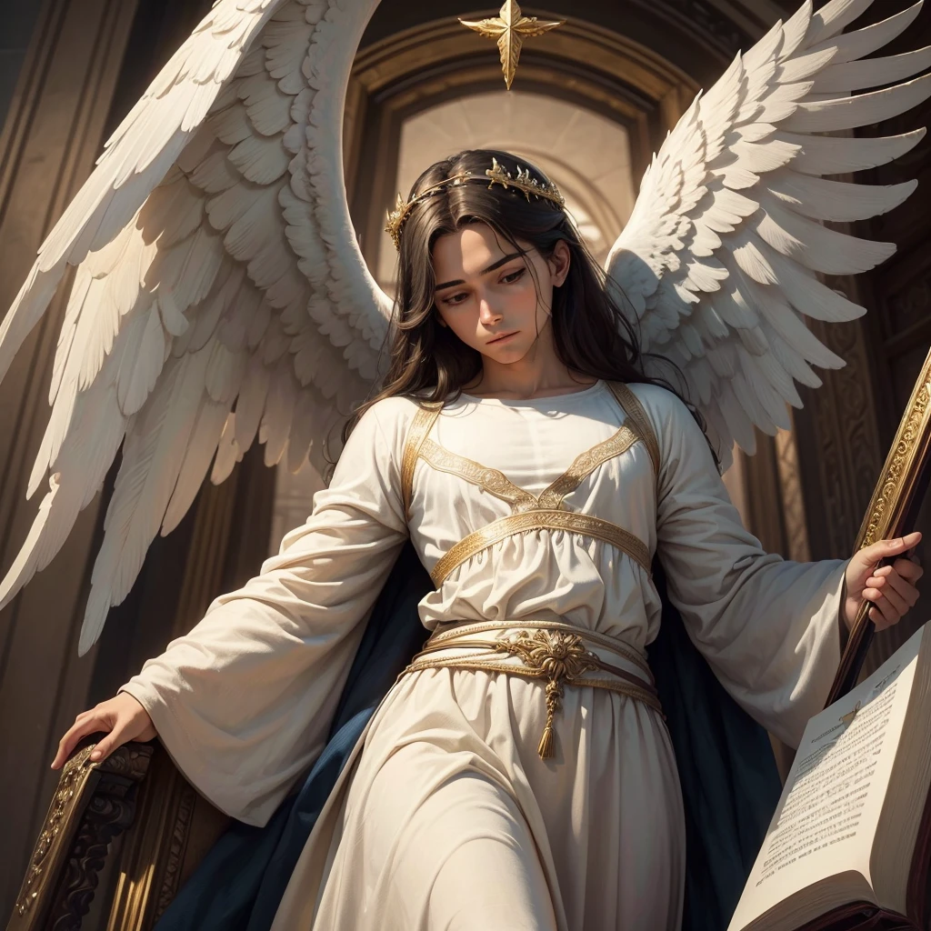 ((best qualityer)), ((work of art)), (detailded), strong angel, who is the Lord Jesus, descend from heaven and in His hand was an open book.