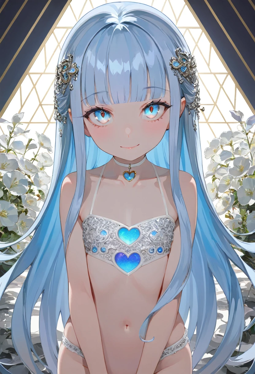 masterpiece, best quality, extremely detailed, (illustration, official art:1.1), 1 girl ,(((( light blue long hair)))), ,(((( light blue long hair)))),light blue hair, , long hair ((blush)) , cute face, big eyes, masterpiece, best quality,(((((a very delicate and beautiful girl))))),Amazing,beautiful detailed eyes,blunt bangs((((little delicate girl)))),(((tareme))),droopy eyes.(true beautiful:1.2), sense of depth,dynamic angle,,,, affectionate smile, (true beautiful:1.2),,(tiny 1girl model:1.2),)(flat chest),,beautiful flower々）, heart shaped choker, (masterpiece, highest quality), official art, beautiful and aesthetic: 1.2), (1 girl), very detailed, (geometry art: 1.3), colorful、 whole body
