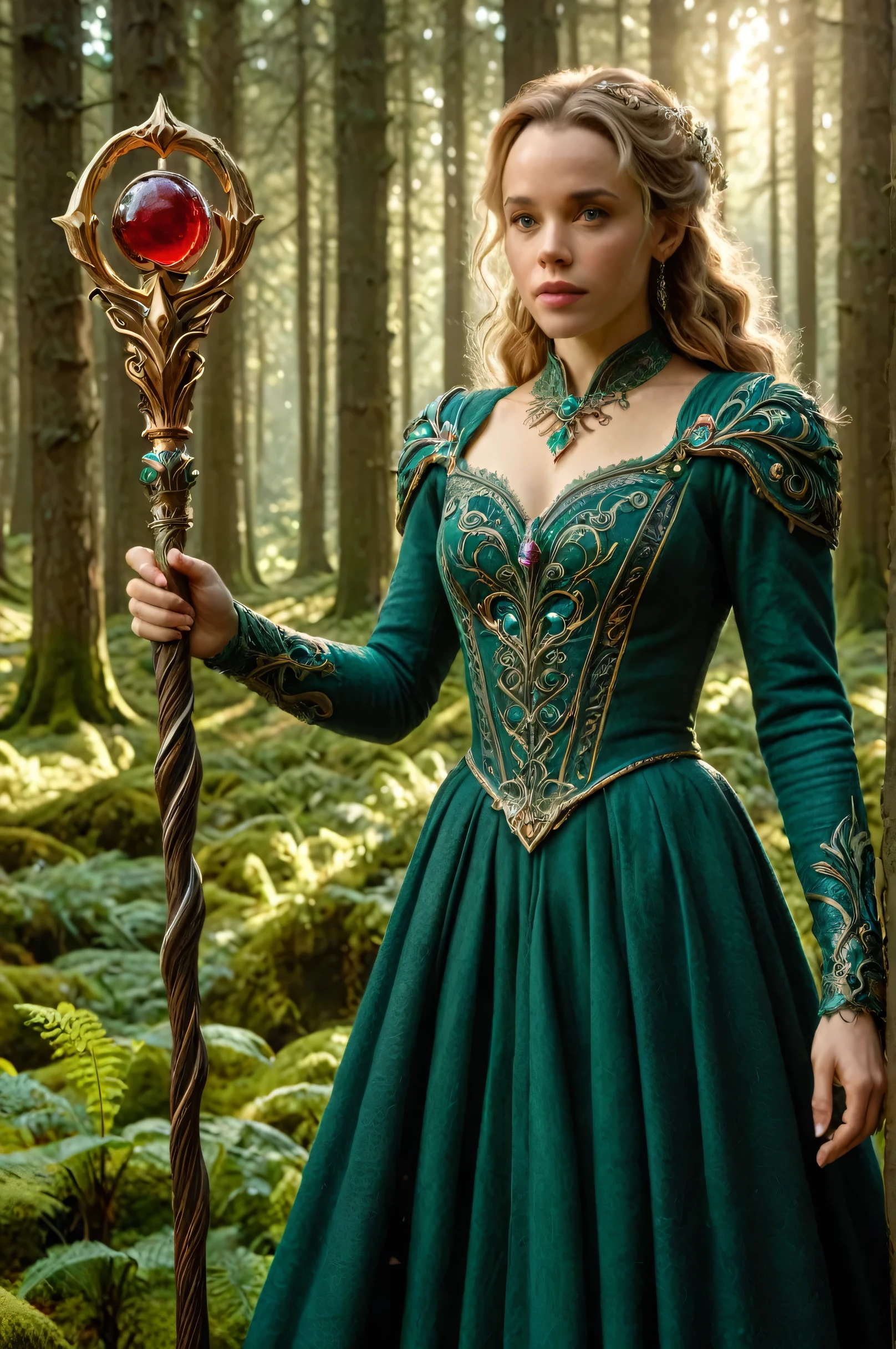 photorealistic 8k full body length per (((Brothers Grimm) e Rachel McAdams,   holding a staff, Orbstaff 