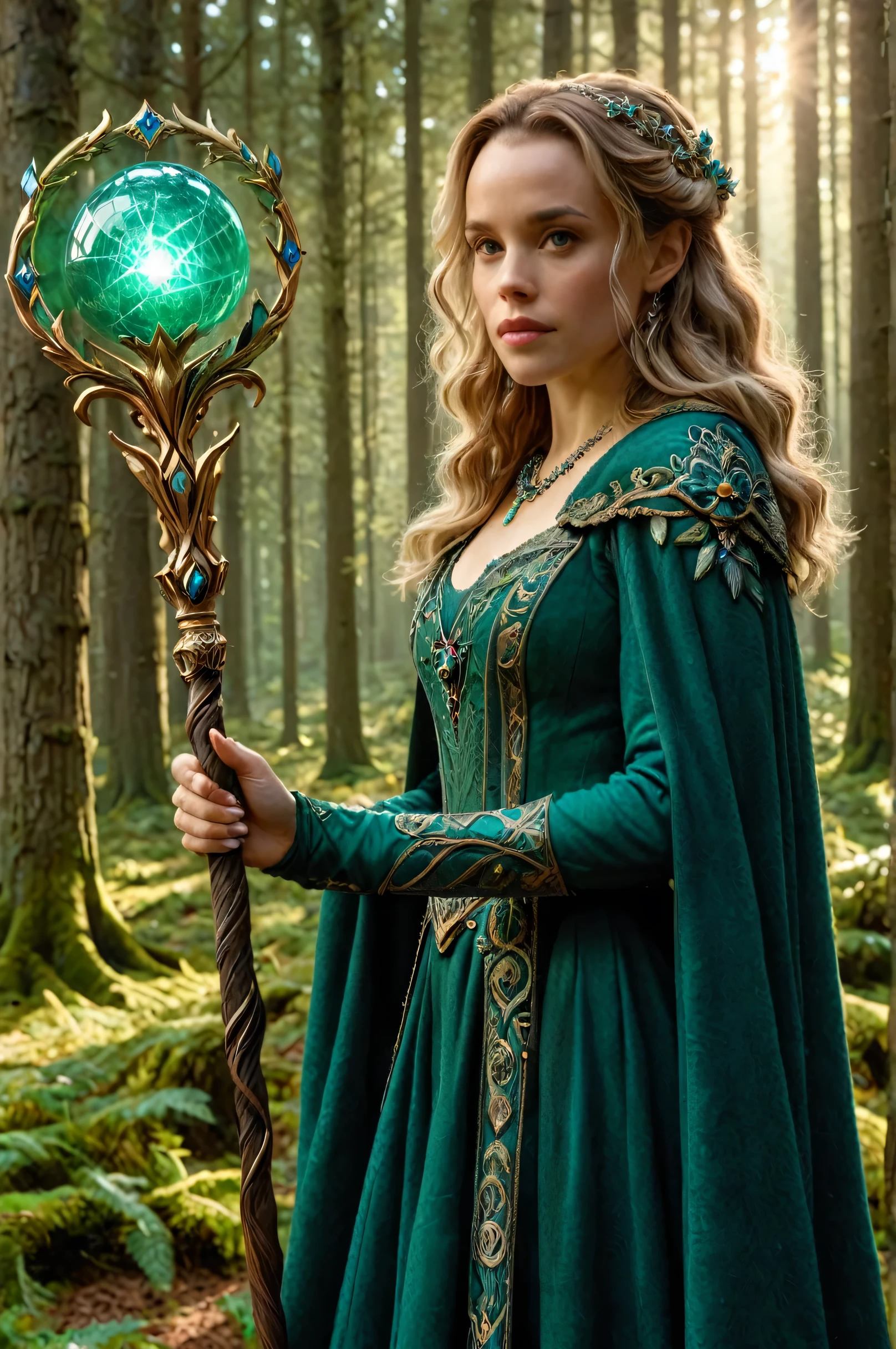 photorealistic 8k full body length per (((Brothers Grimm) e Rachel McAdams,   holding a staff, Orbstaff 