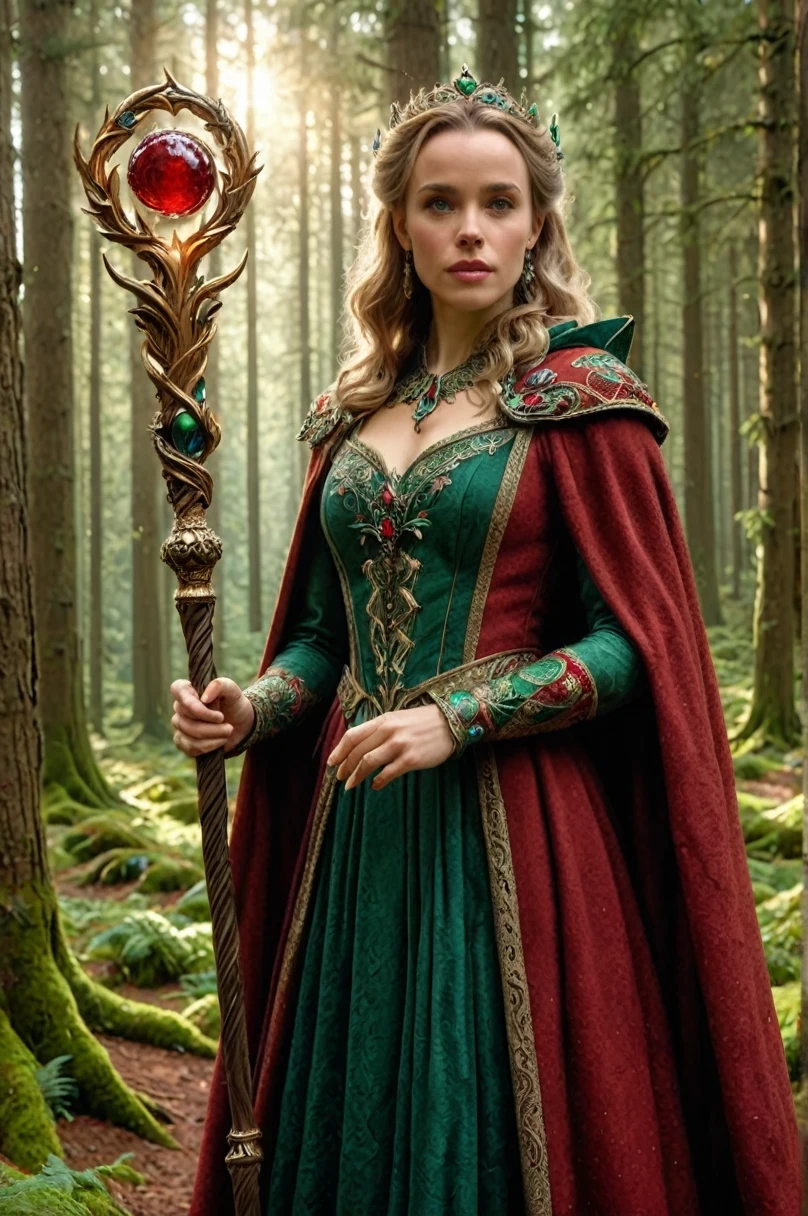 photorealistic 8k full body length per (((Brothers Grimm) e Rachel McAdams,   holding a staff, Orbstaff 