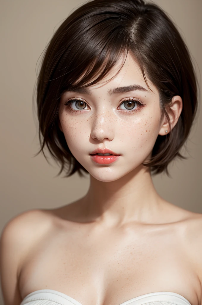 Young woman, very white skin with light freckles; eyes large, very round, brown and captivating, with voluminous eyelashes; short-hair, at neck height, black; naturally red lips; well-tuned and upturned nose; thin but sensual body; new