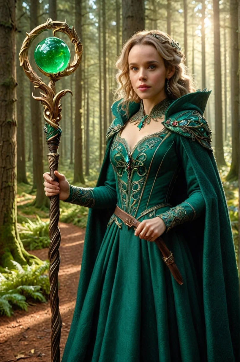 photorealistic 8k full body length per (((Brothers Grimm) e Rachel McAdams,   holding a staff, Orbstaff 