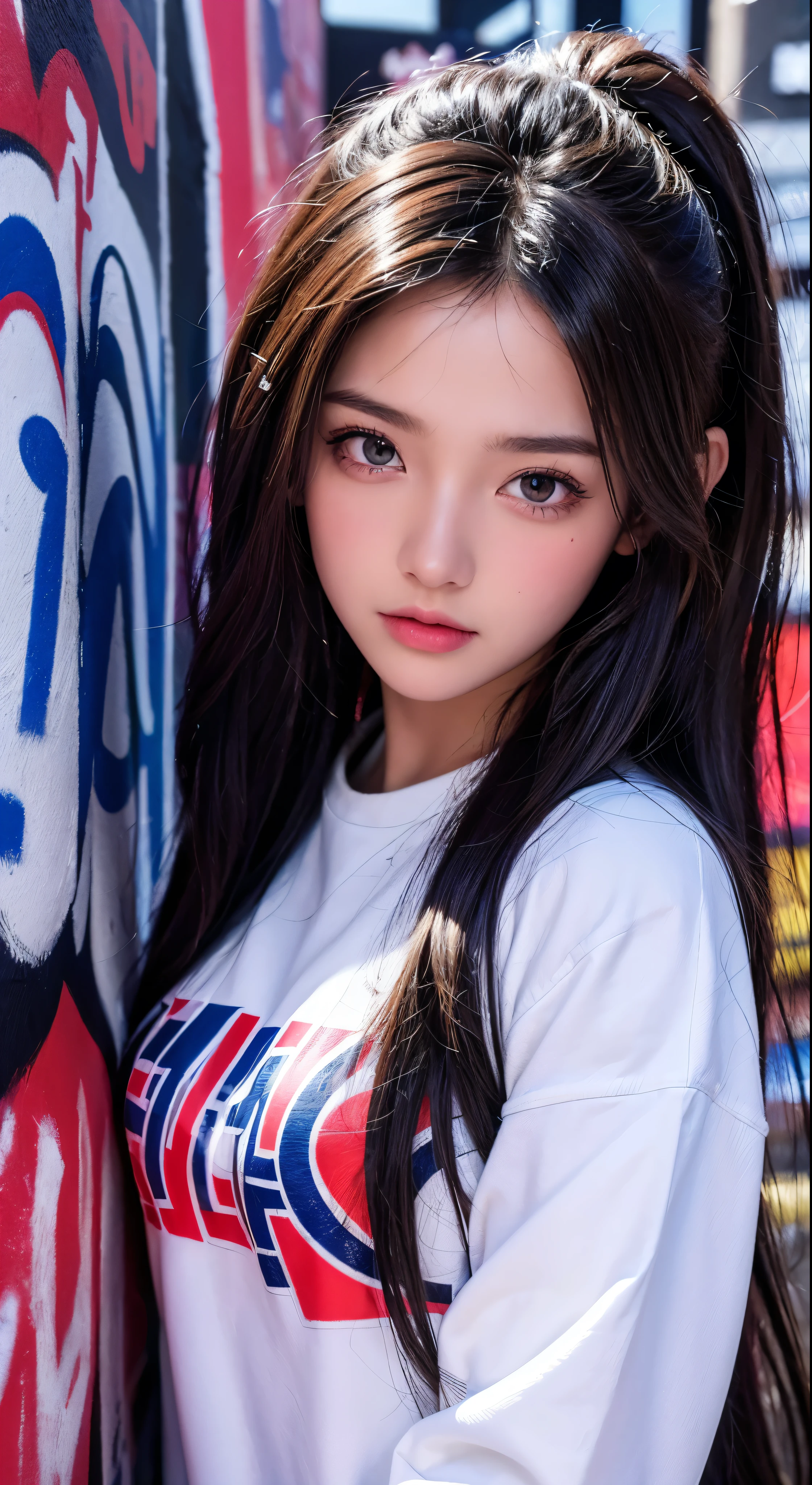 (best quality), masterpiece, extremely detailed CG uniform 8K illustration, high color, extremely high color saturation, all colors deepened, paint, graffiti art, center composition, extremely detailed light and shadow, graffiti wall, wall painted bright, 1 girl graffiti 1 girl looking at the wall, extremely detailed face and eyes, medium length hair, sportswear, colored clouds