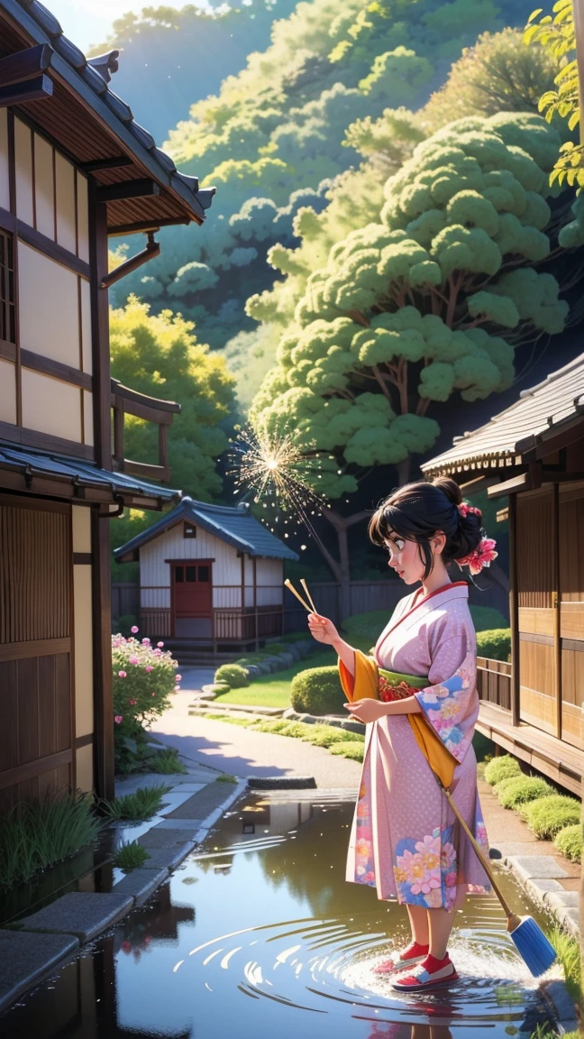 A slightly more realistic Disney-Pixar style illustration of a cheerful woman dressed in traditional Japanese attire, performing uchimizu (sprinkling water) on a paved road. The woman is joyfully sprinkling water from a bucket onto the ground, with bright sunlight shining down, creating a lively and colorful atmosphere. The background includes a traditional Japanese house, lush greenery, and vibrant flowers, capturing the essence of summer. This illustration is designed for educational purposes for children. 9:16 aspect ratio.