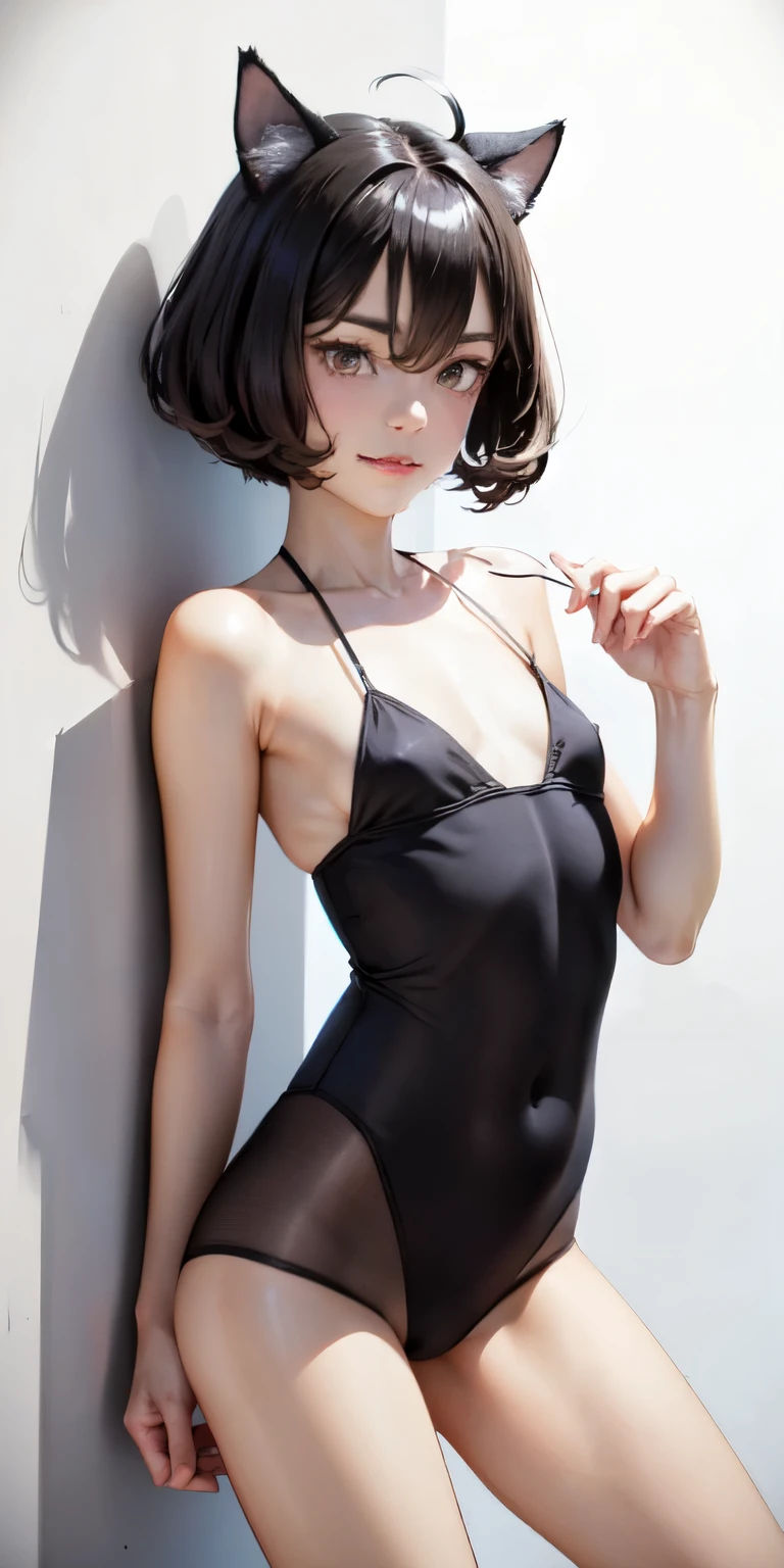 very young slim fit girl, full body shot, rounded face, very short disheveled dark blue hair, big yellow eyes, shy smile, perfect flat breast, band on head with fake cat ears, look at you, (ahoge:1.2), megane, (white wall, simple scene, white backgrounds, clean scene:1.2), sashagrey, a strand of hair from the bangs hangs between the eyes, accurate small snub nose, licking lips