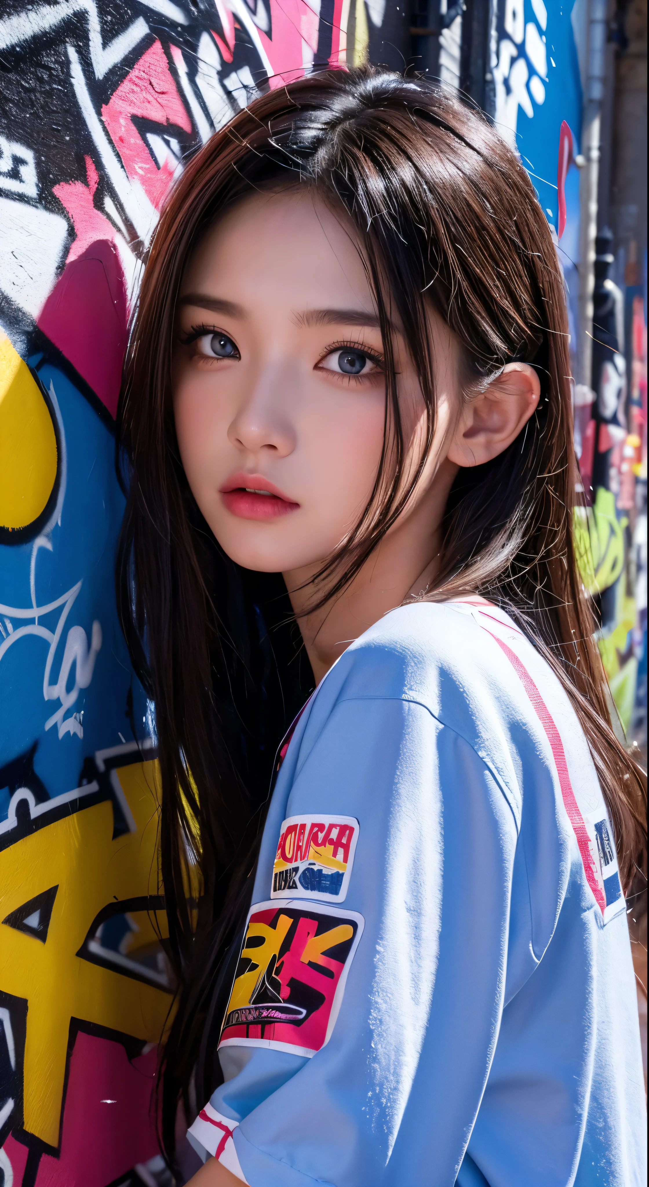 (best quality), masterpiece, extremely detailed CG uniform 8K illustration, high color, extremely high color saturation, all colors deepened, paint, graffiti art, center composition, extremely detailed light and shadow, graffiti wall, wall painted bright, 1 girl graffiti 1 girl looking at the wall, extremely detailed face and eyes, medium length hair, sportswear, colored clouds