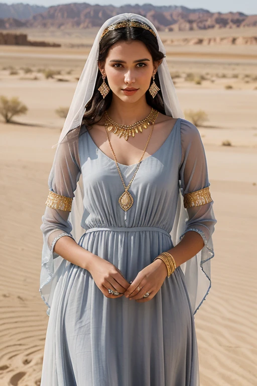 Young man who lives in the desert, gray eyes, with long dress and open sleeves in old-style blue, long veil on her white semi-transparent head, adorned with thin gold earrings and a necklace with a bone pendant