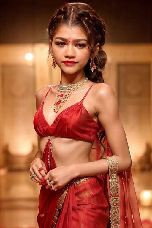 Zendaya with French braid wearing a red saree and heavy amount of Indian bridal wedding jewelry and red lipstick and wearing mojris