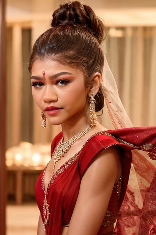 Zendaya with French braid wearing a red saree and heavy amount of Indian bridal wedding jewelry and red lipstick and wearing mojris