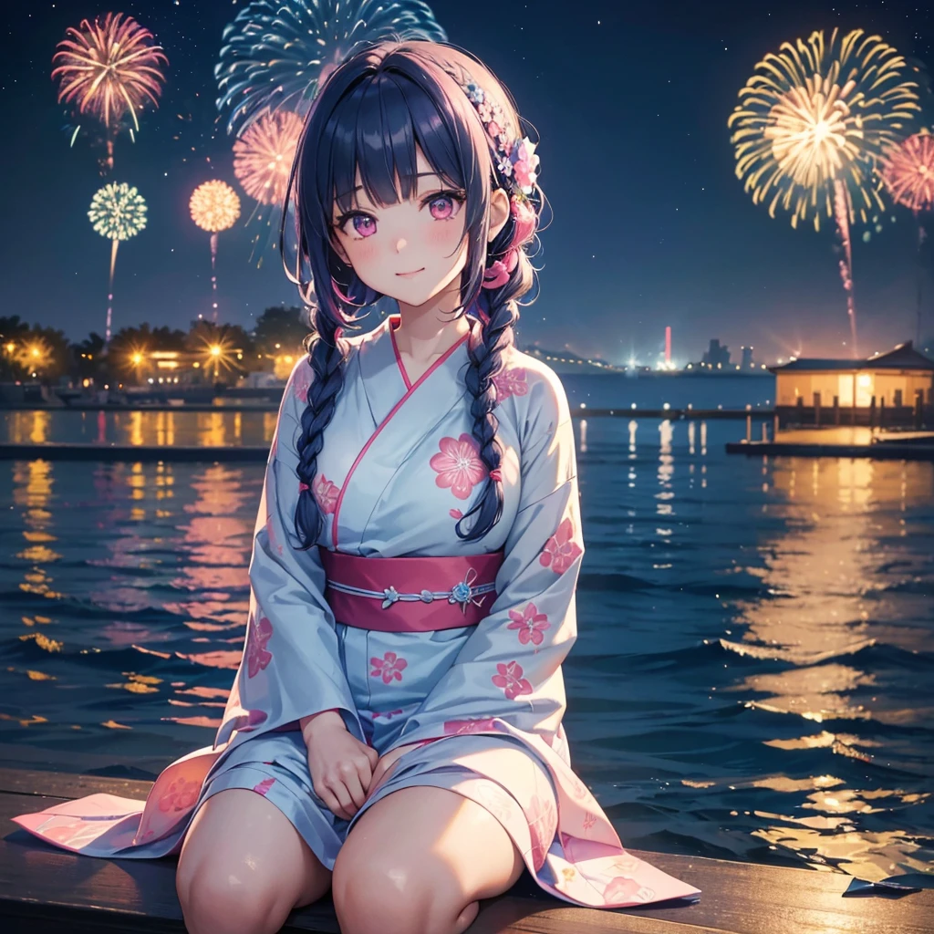 (Sky Blue Medium Hair:1.2), (Braided Hair),(Pink Eyes),Fair skin ,(whole body),(1 girl)、Floral Yukata、summer night、Extra-large fireworks filling the night sky、Huge fireworks launched from the sea、Watching the fireworks while sitting next to each other、smile、Straight bangs,(masterpiece, Highest quality, Very detailed, Best Shadow), (Detailed Background), (Beautifully detailed face), High Contrast, (Best lighting, Very delicate and beautiful), ((Cinematic Light)), colorful, Hyper Detail 8k, Dramatic Light, Intricate details,Fireworks reflected on the water surface、