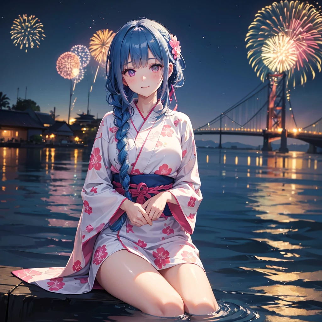 (Sky Blue Medium Hair:1.2), (Braided Hair),(Pink Eyes),Fair skin ,(whole body),(1 girl)、Floral Yukata、summer night、Extra-large fireworks filling the night sky、Huge fireworks launched from the sea、Watching the fireworks while sitting next to each other、smile、Straight bangs,(masterpiece, Highest quality, Very detailed, Best Shadow), (Detailed Background), (Beautifully detailed face), High Contrast, (Best lighting, Very delicate and beautiful), ((Cinematic Light)), colorful, Hyper Detail 8k, Dramatic Light, Intricate details,Fireworks reflected on the water surface、
