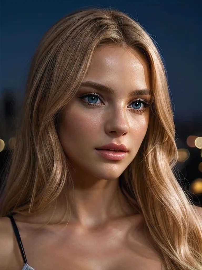 Long blonde hair, european girl, masterpiece, photorealistic, 8k, cinematic lighting, dramatic shadows, vivid colors, detailed skin texture, (realistic, photo-realistic:1.37), (best quality:1.2), extremely detailed face and body, beautiful eyes, lips, nose, detailed hair, dramatic atmosphere, cinematic composition, elegant and graceful Flirting with camera on bright city background, night photo, On your side, well lit pink and small, .
