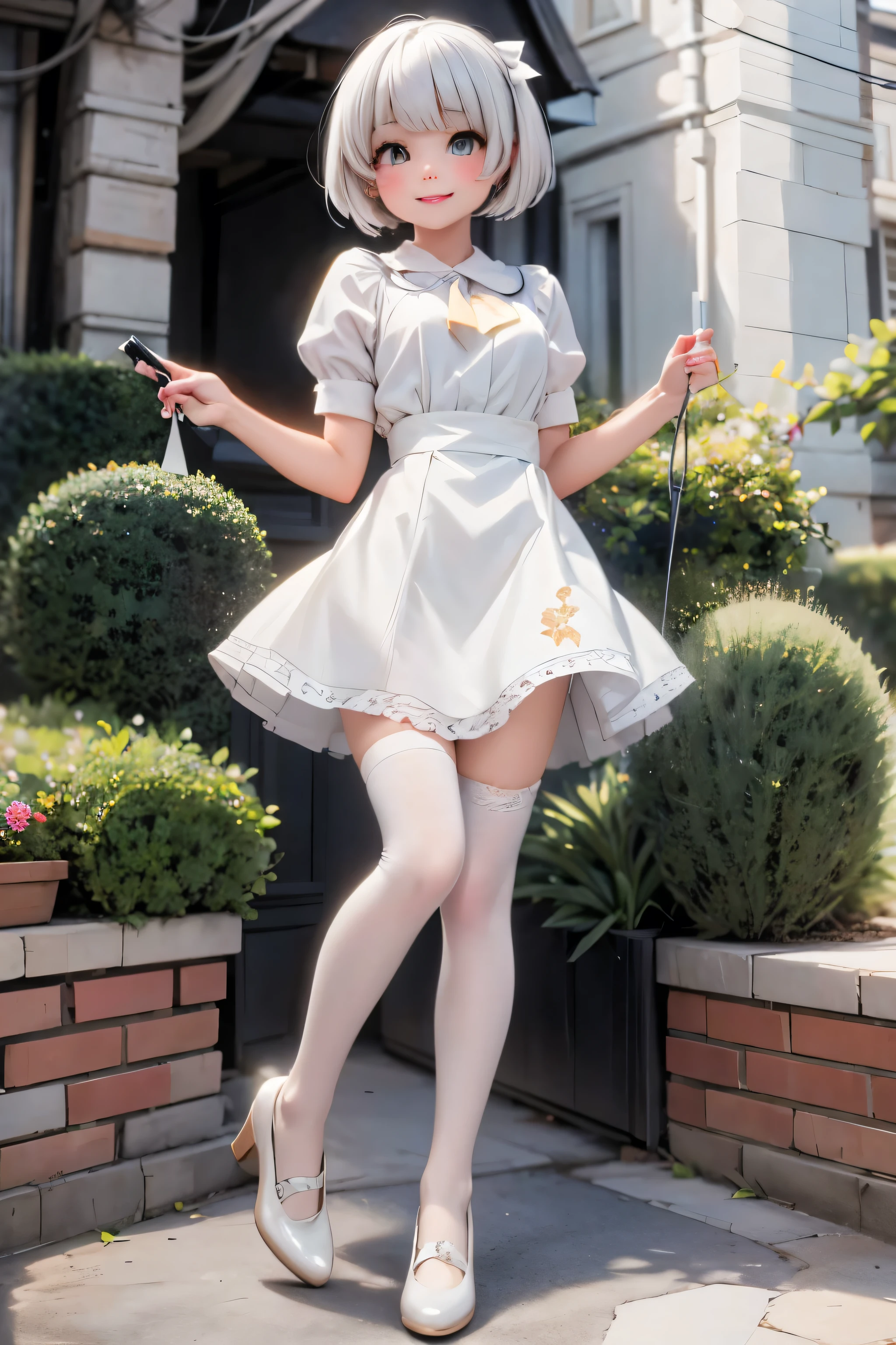 a cute girl smiling, white nylons, white mary_janes pumps