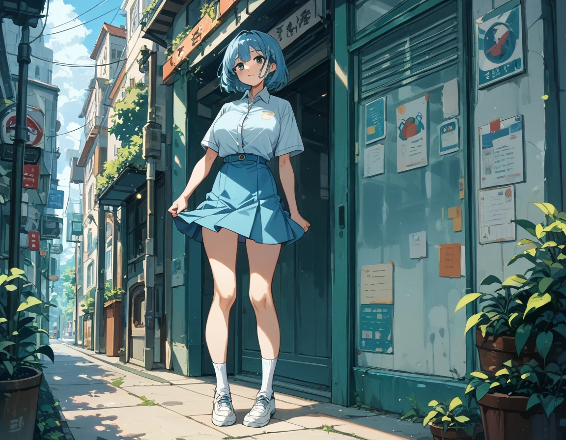 She lifts her skirt to show off her cute white underwear、Big breasts and blue bra sticking through pure white shirt、Skirt flip、Blue flared skirt、Bare legs, white socks and leather shoes、Standing posture