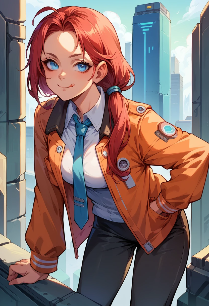 score_9, score_8_up, (female:1.5), female focus, female body, randy, red hair, long hair low tie ponytail, blue eyes, orange jacket, tie, black miniskirt, smiling, tongue out, pull eyelid, leaning forward, standing, looking at you, futuristic city,
