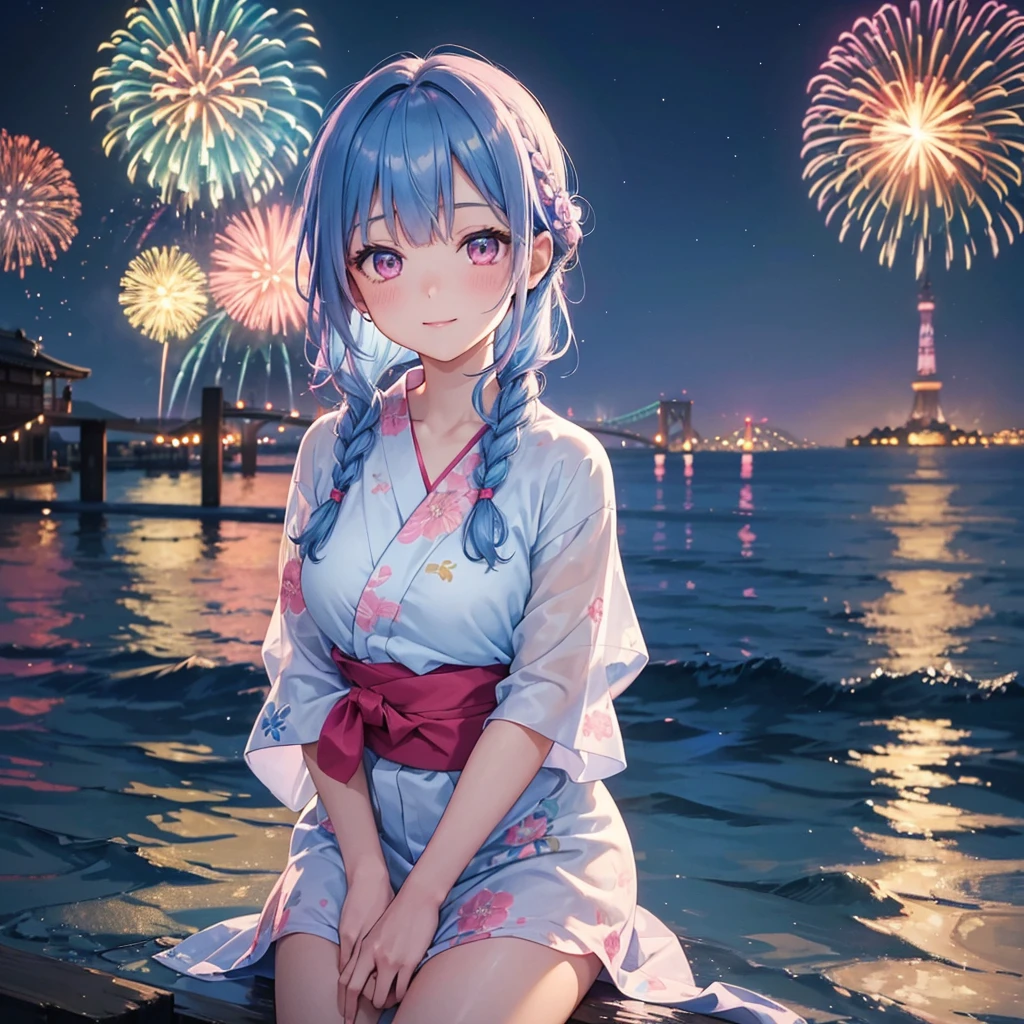 (Sky Blue Medium Hair:1.2), (Braided Hair),(Pink Eyes),Fair skin ,(whole body),(1 girl)、Floral Yukata、summer night、Extra-large fireworks filling the night sky、Huge fireworks launched from the sea、Watching the fireworks while sitting next to each other、smile、Straight bangs,(masterpiece, Highest quality, Very detailed, Best Shadow), (Detailed Background), (Beautifully detailed face), High Contrast, (Best lighting, Very delicate and beautiful), ((Cinematic Light)), colorful, Hyper Detail 8k, Dramatic Light, Intricate details,Fireworks reflected on the water surface、