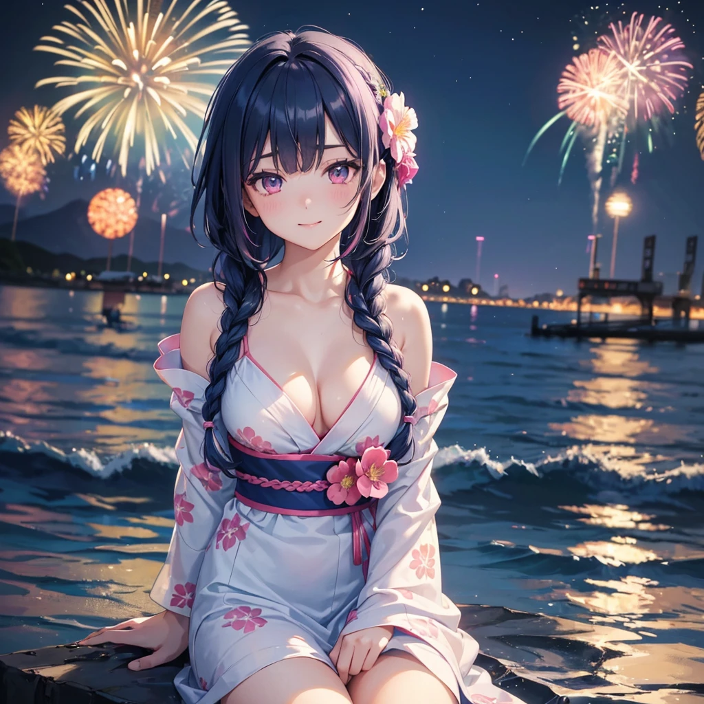 (Sky Blue Medium Hair:1.2), (Braided Hair),(Pink Eyes),Fair skin ,(whole body),(1 girl)、Floral Yukata、summer night、Extra-large fireworks filling the night sky、Huge fireworks launched from the sea、Watching the fireworks while sitting next to each other、smile、Straight bangs,(masterpiece, Highest quality, Very detailed, Best Shadow), (Detailed Background), (Beautifully detailed face), High Contrast, (Best lighting, Very delicate and beautiful), ((Cinematic Light)), colorful, Hyper Detail 8k, Dramatic Light, Intricate details,Fireworks reflected on the water surface、