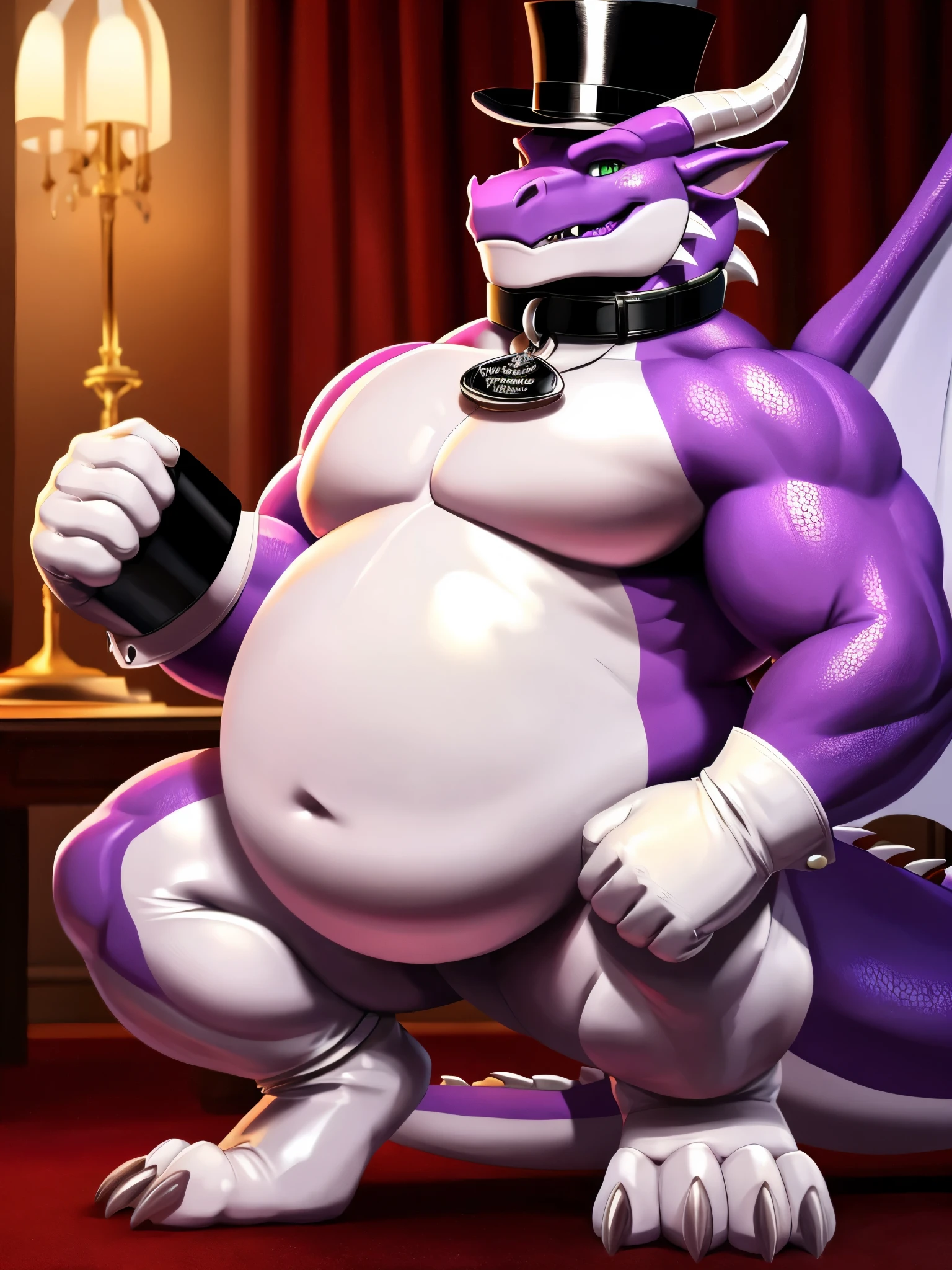 Solo, Male, fat, naked, extremely obese, gentleman, dapper Dragon, purple skin, purple scales, green eyes, (posing:1.3), (soft shading), 4k, hi res, ((detailed face, detailed)), office background, looking at viewer, mouth wide open, large belly, bulging belly, Dragon is wearing a glossy top hat, Dragon is wearing a thick glossy leather dog collar around the neck, Dragon is wearing glossy white rubber gloves on the hands, wearing white rubber gloves on the feet, gloves are glossy, gloves are rubber in texture, Dragon is wearing the leather collar and rubber gloves at the same time, clenching fists, leather collar is glossy and shiny with a lot of detail, Dragon is wearing gloves and leather collar at the same time, leather collar has a round dog-tag, leather collar is thick and detailed, leather collar is glossy and shiny, fancy gloves, fancy top hat, leather collar is thick, glossy leather collar, leather collar is thick and glossy, leather collar is somewhat wide, gloves go up to the wrists and ankles, Dragon is only wearing gloves and a leather collar and a top hat, Dragon is wearing the gloves and leather collar and the top hat at the same time, gloves are white, dapper gloves, dapper top hat, dapper leather collar, white gloves.