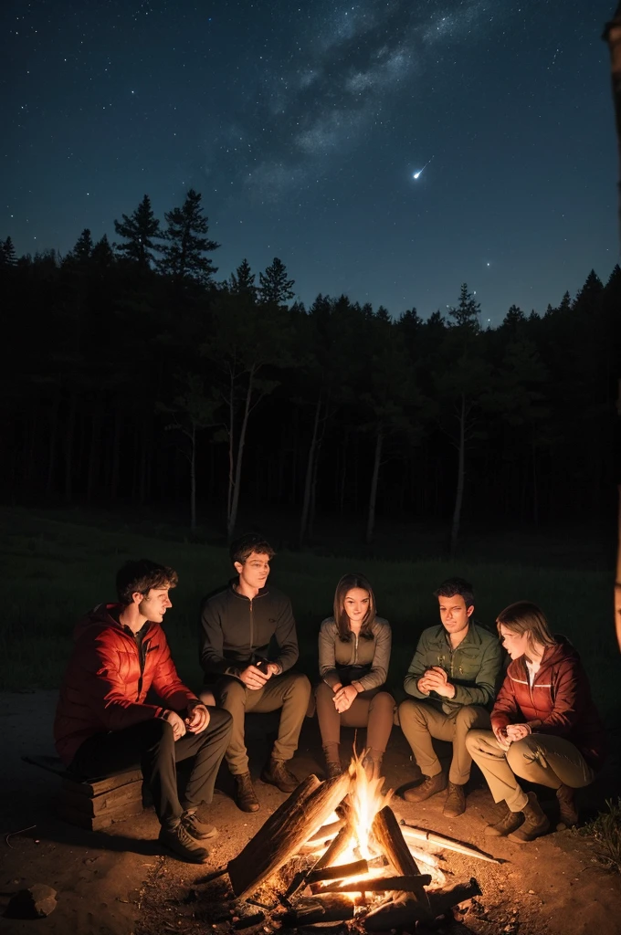 4 friends around the campfire on a dark starless night