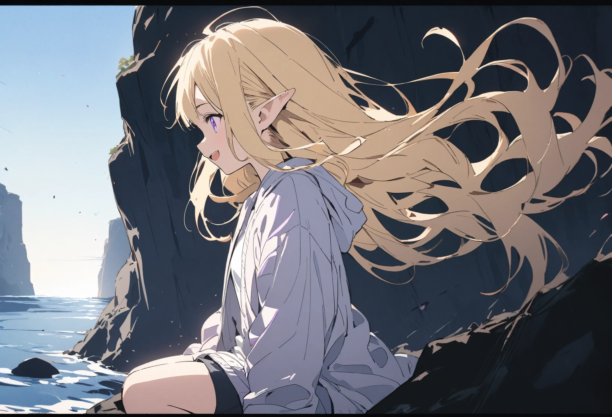 ((Masterpiece)), ((best quality)), ((kawaii)), (flat color), (flat shading), ((extremely detailed)), (8K), (High Definition:1.3), (Professional Photography:1.2), cinematic lighting, (very aesthetic:1.2), (absurdres:1.2), (sharp focus), (perfect light), (wide shot), ((12 years old)), (1girl), cute young girl, profile, (from side), (nauhty smile), open mouth, (Beautiful purple eyes:1.2), (Healthy skin), elf girl, wear a long cardigan, (small breast), slim body, (very long bangs), unruly hair, (medium hair), ((beautiful blond hair)), short pants, BREAK, ((best quality)), sitting on the cliff, ((tiptoe up)), (Cliffs over 100 meters above sea level), (super detail:1.2),