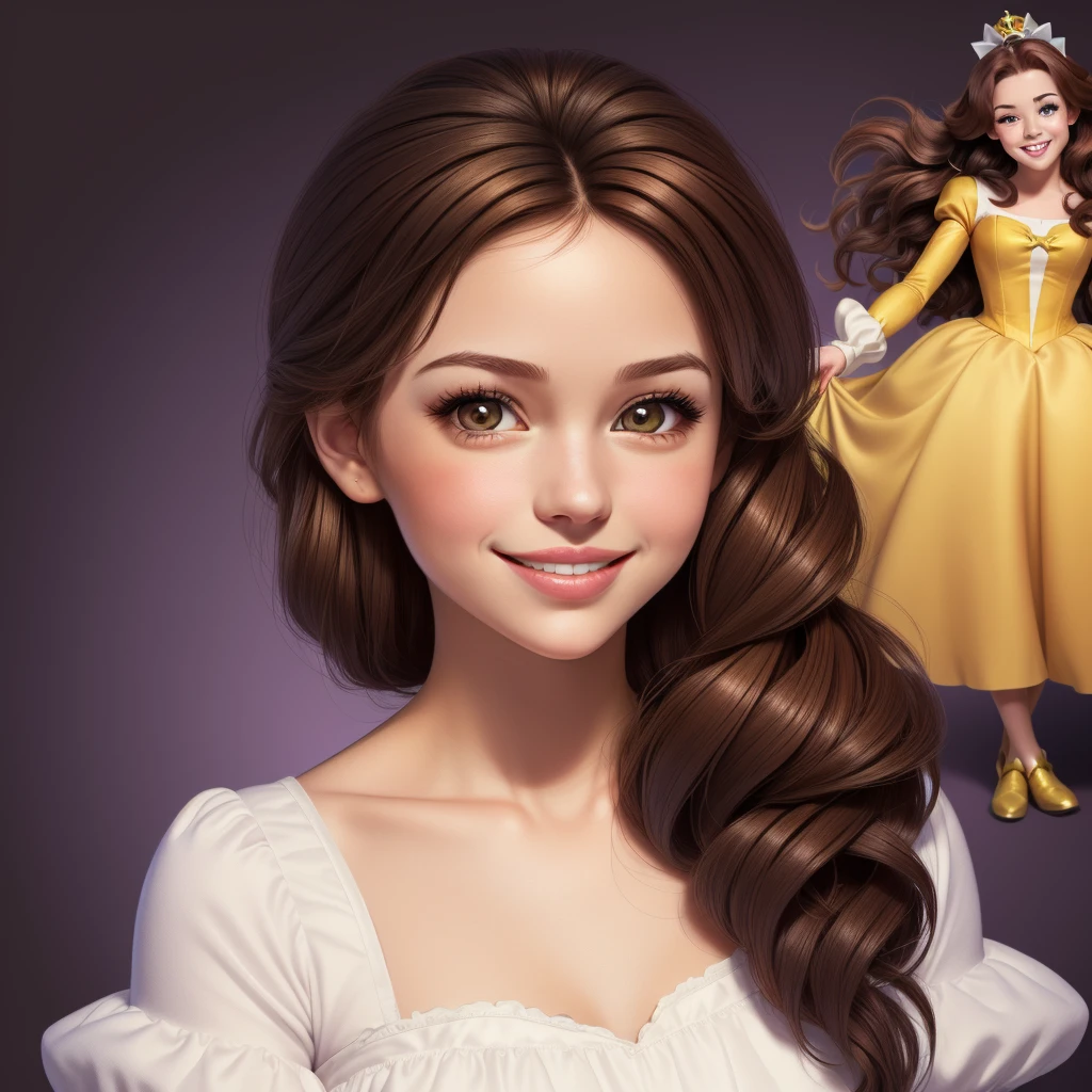 Round logo, purple background, young girl, (((brown hair))), brown eyes, big cheeks. Small smile, lips parted, white teeth. (Disney’s Belle, 1.03). 