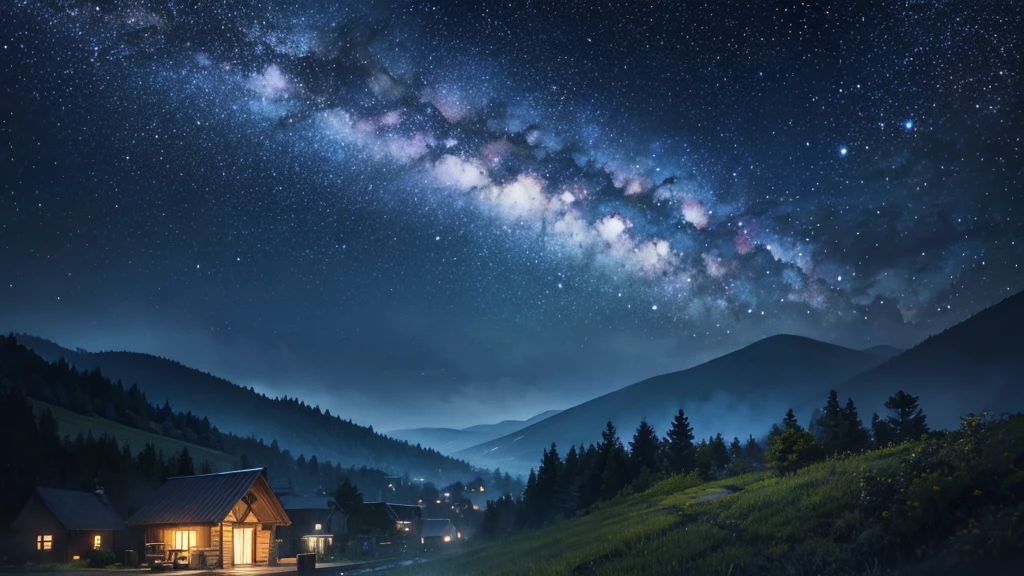 starry sky at night lonely little house with rain of stars
