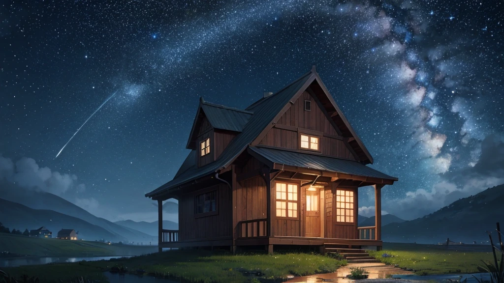 starry sky at night lonely little house with rain of stars