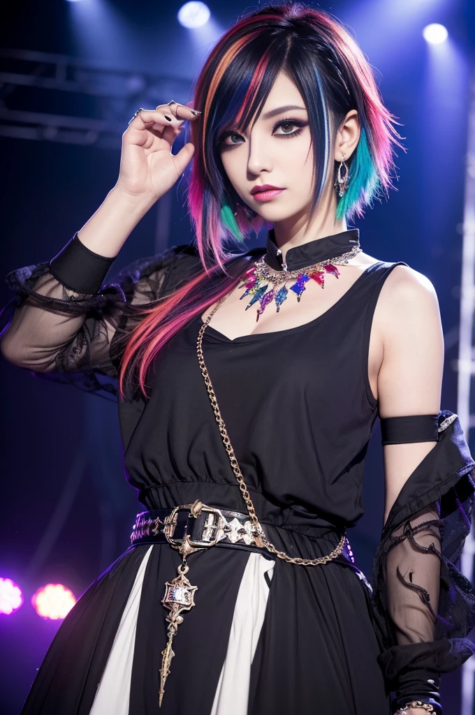 (masterpiece:1.4), (best quality:1.4), ultra high res, ultra high resolution, ((ultra detailed facial features)), HDR, (realistic, photorealistic, photo-realistic:1.37), 1 male, full body Esbian, sexy Swedish male, (-anime), vivid colors, ((vivid colors multicolor (Visual Kei style very short hair))), (big smile), ultra detailed heavy eye-makeup, bold lip-color, long lashes, defined eyebrows, wearing large dramatic Visual Kei jewelery, wearing a Visual Kei cosplay, ((vivid Visual Kei outfit)), layered clothing, look at the camera, cinematic light, rockstar festival stage background with multicolor lights, sweet and sexy pose