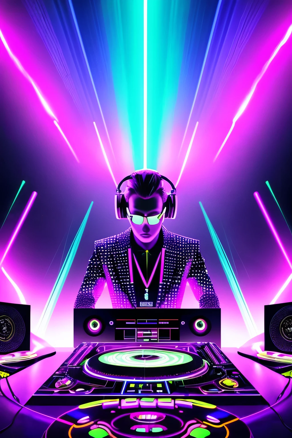 This prompt depicts a DJ executing a performance on a cutting-edge stage, bathed in the glow of vibrant neon lights. The massive screen behind them showcases a mesmerizing visual spectacle, further accentuating the futuristic atmosphere. The DJ's holographic attire, intricate mixing board, and skillful hand movements are all highlights, skillfully rendered to underscore the DJ's expertise.
The illustration showcases digital art of exceptional quality, featuring sharp focus, depth of field, and cinematic lighting. The DJ's outfit radiates a shimmering luster, while the neon lights cast an array of colors that dance across their face and the surrounding