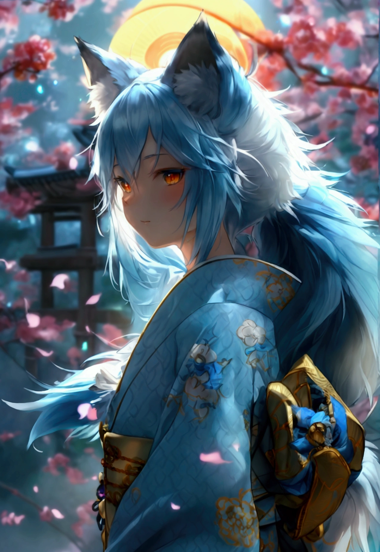 fox Light blue hair 　beast girl　indigo fur　fox beast girl　fox Light blue hair 　beast girl　indigo fur　fox beast girl　Wallpaper 4k,8k,highly detailled,,vivid colors,detailed kitsune with 9 tails,traditional Japanese artwork,tatami floor,beautiful cherry blossoms,floating lanterns,dark silhouette of a pagoda,subtle moonlight,dense forest,ethereal atmosphere,dappled sunlight,whimsical spirit,serene expression,elaborate kimono and obi,delicate hand-painted details,luminous eyes　Anime Style　fox　blue　White-faced golden-haired nine-tailed fox　Coat blue　woman　fox Light blue hair 　beast girl　indigo fur　fox beast girl　Anime Style　fox　blue　White-faced golden-haired nine-tailed fox　Coat blue　woman　She has a long blue ribbon in her hair　mysterious background　Blue Flame　girl　have a ball of light　fox Light blue hair 　beast girl　indigo fur　fox beast girl　mysterious background　Blue Flame　girl　have a ball of light Anime Style　fox　blue　White-faced golden-haired nine-tailed fox　Coat blue　gender change　gender change　mysterious background　Blue Flame　girl　have a ball of light　woman gender change　gender changegender change　I have a crepe　She has a long blue ribbon in her hairShe has a long blue ribbon in her hair