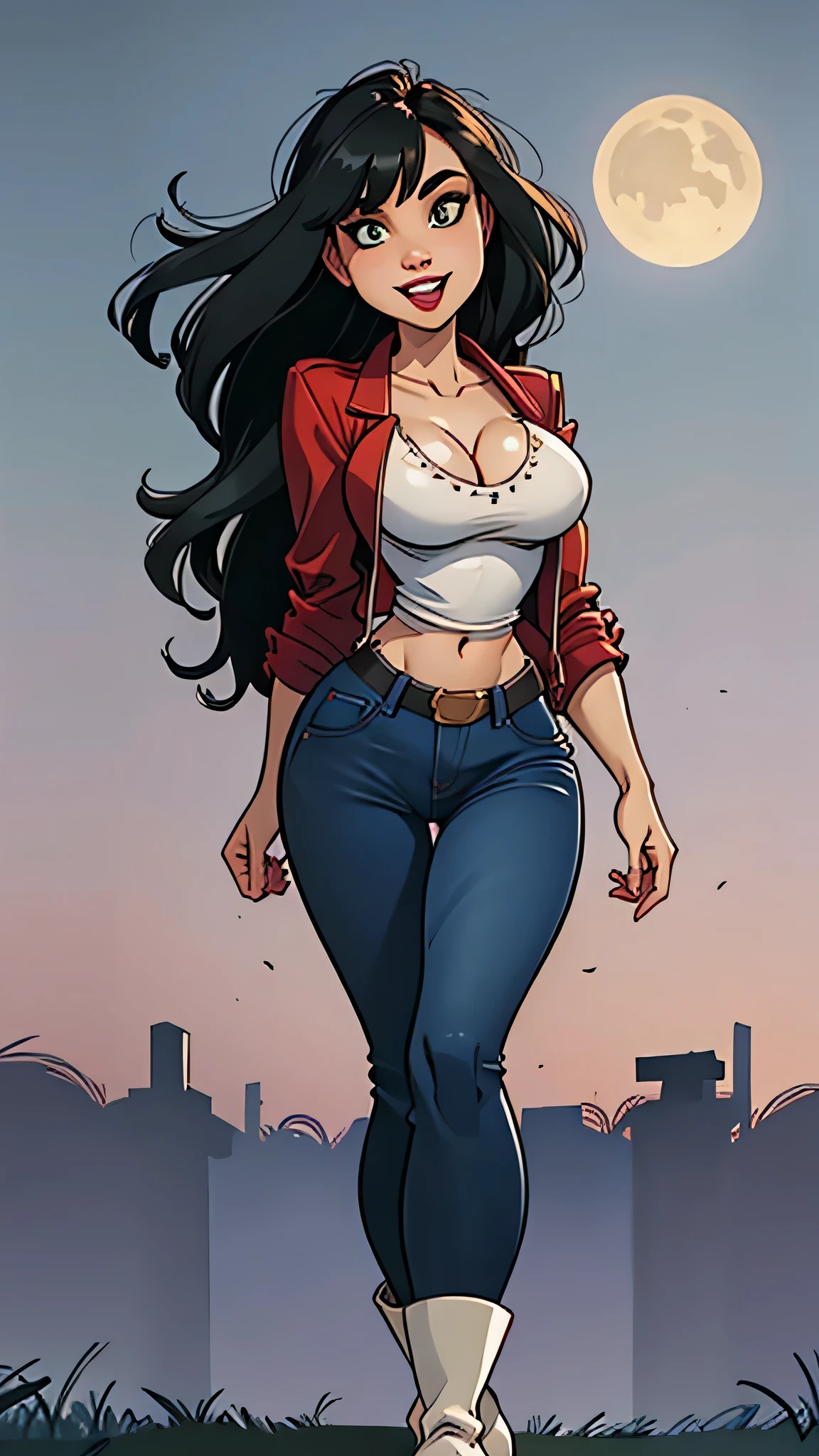 Woman, Caucasian skin, greeneyes, Bblack hair, Wavy hair, slickedback hair, bangss, long hair, hair on the wind, cemetery at night, tight denim, Black boots, very low-cut blouse;, white blouse, open jacket, red jacket, horor , big cleavage, smiling, looking at the camera, Red lips, Athletic, Bats in the sky, spooky ambiance, front facing shot. Alison Brie.